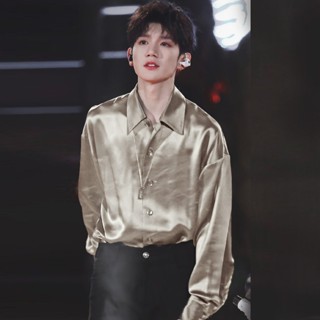 Áo sơ mi nam tay dài lụa satin sang trọng, lịch lãm - Nâu