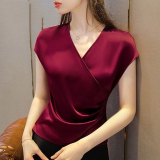 Áo thun nữ tay ngắn dáng rộng mùa hè cao cấp cổ chữ V Acetate Satin voan đáy màu trơn bên trong phù hợp với hàng đầu