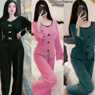  Set Bộ Quần Áo Tay Dài Bigsize Đính Nơ Thun Tăm Cổ Thuyền Hot Hit Nữ Cao Cấp Xinh Đẹp 40-95kg