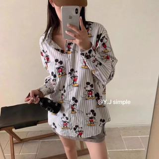 Áo sơ mi dài tay họa tiết sọc Hàn Quốc cực lớn Mickey Áo sơ mi dài tay mới chống nắng