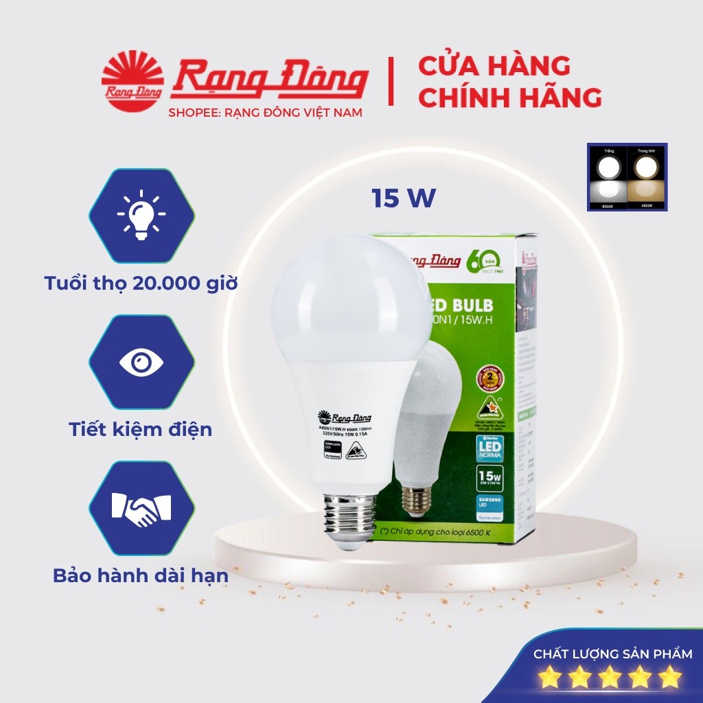 Bóng đèn LED BULB A tròn 15W  Rạng Đông,siêu sáng, Bảo hành 2 năm, tiết kiệm điện MODEL Bulb A 15W Q