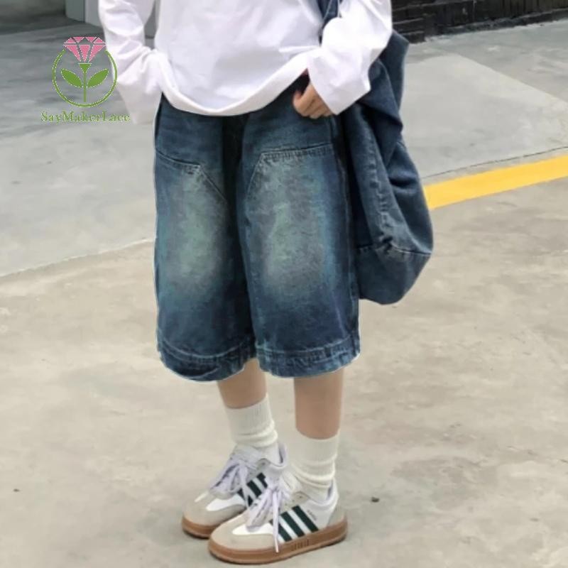 [Saymakerlace] Y2K Vintage Baggy Jean Quần Short Nữ Rửa Chân Rộng Capri Quần Thường Ngày Thùng Quần 