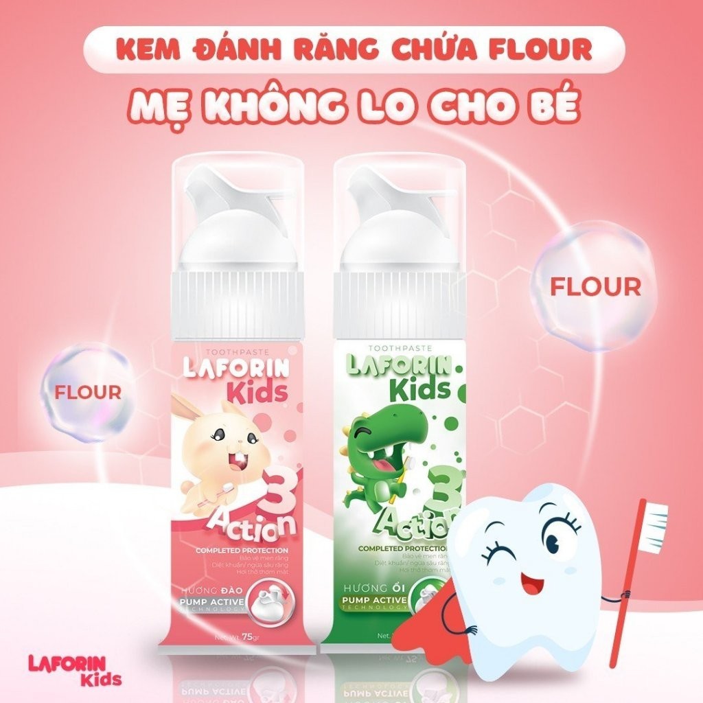 Kem đánh răng cho bé Laforin Kids hương đào và ổi chống sâu răng, nuốt an toàn 75g ( tặng bàn trải)