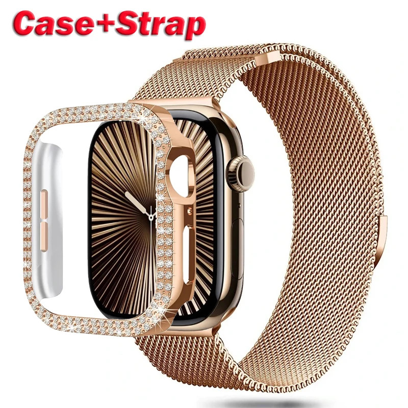Vỏ kim cương + Dây đeo Milanese cho vòng đeo tay iWatch Band Ultra 3 / 2 cho đồng hồ A-pple 11 10 9 