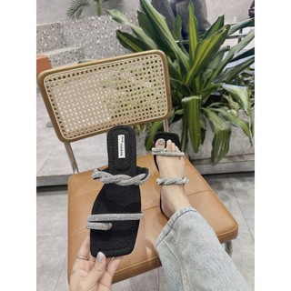 Zinzin3456 shoes - Dép nữ quai ngang xỏ ngón đế bệt chất vải nhũ mũi vuông quai đá xoắn đế dẻo LA5597