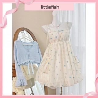   Littlefish  Mùa hè 2024 Phong cách mới Phong cách Hàn Quốc Đầm chấm đầy màu sắc dễ thương ngọt ngào + Áo len Cardigan chống nắng bằng lụa băng Bộ đồ hai mảnh có sẵn ở kích thước lớn Đầm lovitováy đi biển 