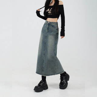 Hàng sẵn có Hình quả lê Mặc cơ thể Kích thước lớn Váy Denim cổ điển Fat mm Cover Đáy sâu hơn Nhìn mùa xuân thẳng Váy chữ A phù hợp