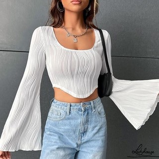 Ldd-áo Crop top họa tiết dành cho nữ dài tay Muỗng cổ Hanky Hem màu trơn Slim Fit Áo thun dạo phố
