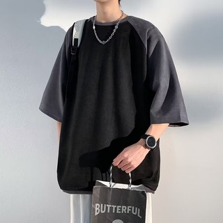 Raglan Tay Ngắn Nam Mùa Hè Áo Thun Nặng Da Lộn Dạo Phố Mặc ins Áo Thun Cao Cấp Rời Áo Thun