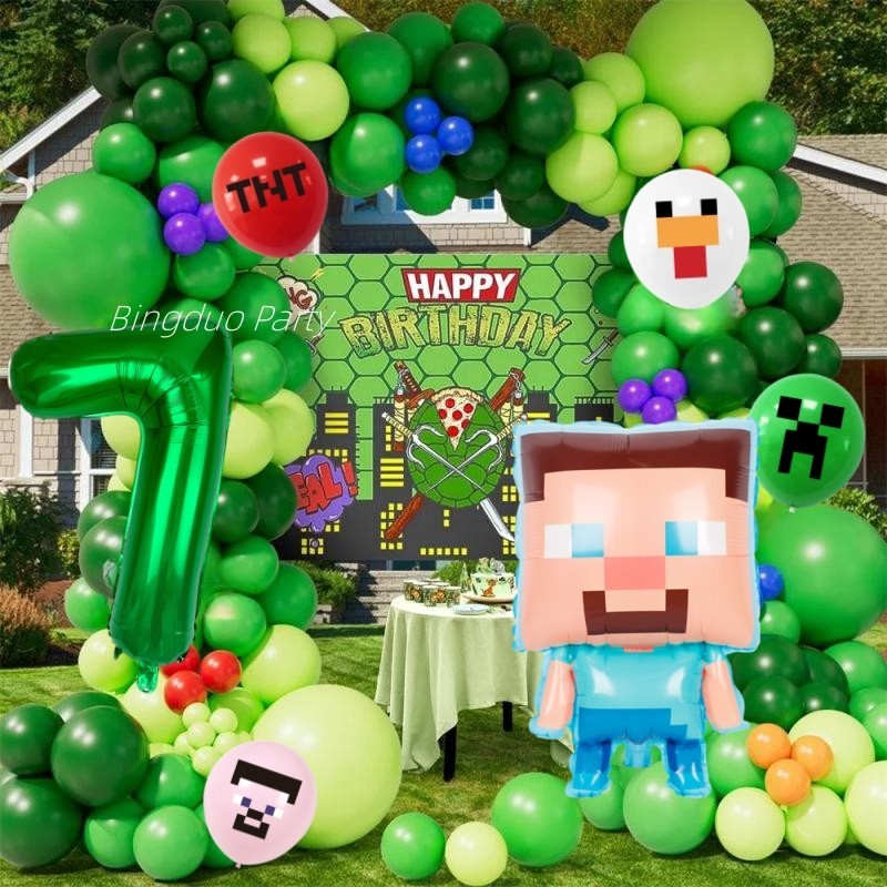 Minecraft Chủ Đề Bóng Bay Vòng Hoa Vòm Bộ Số Xanh Tay Cầm Trò Chơi Lá Sinh Nhật Tiếp Liệu