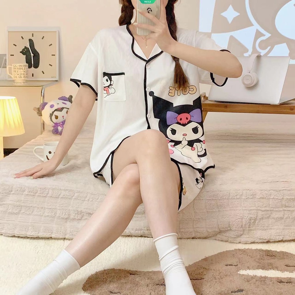 Sanrios Anime Kawaii Kuromi In Hình Bộ Đồ Ngủ Ve Áo Nhỏ Cinnamoroll Quần Short Tay Ngắn Sinh Viên Thiết Kế Ký Túc Xá Bộ Đồ Đợi Giá Trị Cao Thoải Mái [WET]