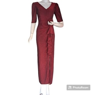 Dạ hội kim sa bèo eo xẻ tà vải kim tuyến co giãn, Đầm dạ hội trung niên dự tiệc nhũ kim sa sang trọng cho mẹ. Đầm váy