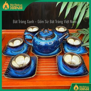 Bộ ấm chén thượng tân kiều lân xanh - bộ ấm trà bát tràng men hoả biến cao cấp