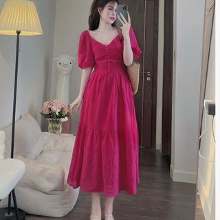 Váy thô boi cổ v dáng xoè chất thô mềm mát