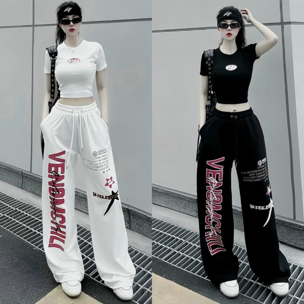Set Đồ Bộ Áo Croptop Tay Ngắn In Logo Phối Quần Dài Ống Rộng In Chữ Lớn Đỏ Dễ thương , Siêu Cưng