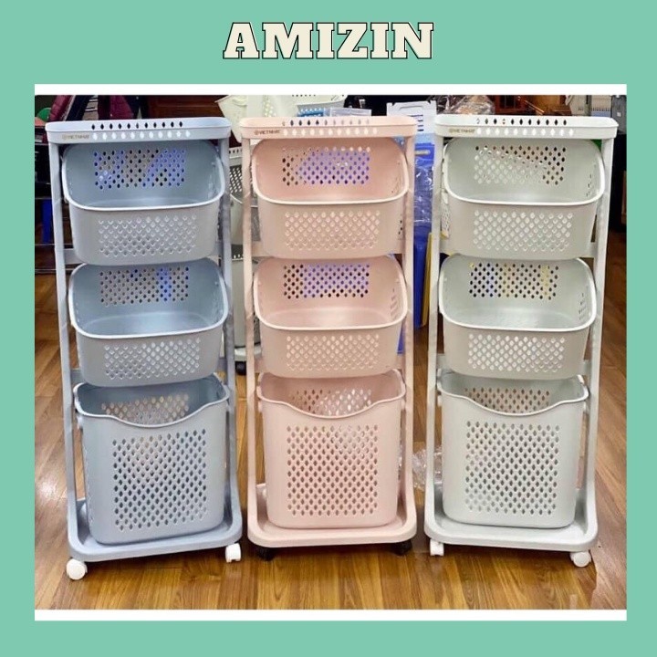 Kệ nhựa 3 tầng 4 tầng đa năng AMIZIN Kệ nhựa 3 tầng có bánh xe KN01
