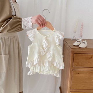 2024 Bé Gái Đầm ins Phiên Bản Hàn Quốc Bé Gái Ren Màu Trơn Cotton Gạc Cardigan Phù Hợp Với Áo Vest Không Tay Top Quần Đùi Phong Cách Mỏng