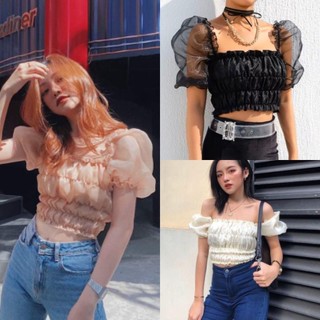 Áo crop nhún thun trễ vai voan kiếng tay phồng (3 màu)