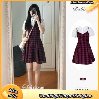 Đầm Tay Phồng Giả Hai Lớp Họa Tiết Sọc Caro Thời Trang Mùa Hè Cho Nữ