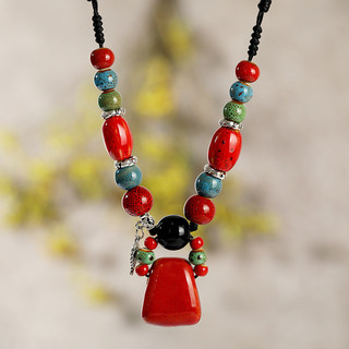 Retro Ethnic Style Ceramic Necklace Women's Simple Clavicle Chain All-Match Red Pendant Long Pendant Accessories