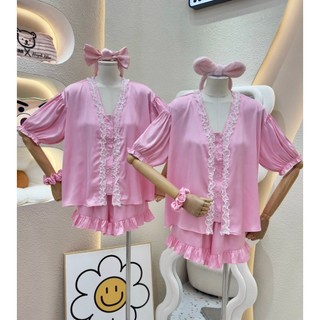 PIJAMA ĐÙI BASIC CỔ REN- KÈM CỘT TÓC