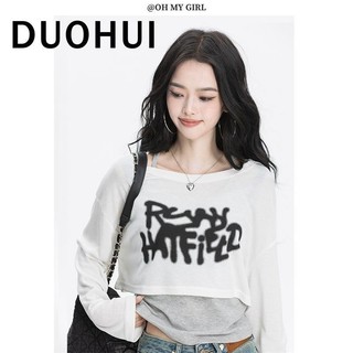 Áo thun dài tay màu trắng dành cho nữ Áo mùa thu Thiết kế chữ cái dáng rộng ngắn bên ngoài Áo hợp thời trang