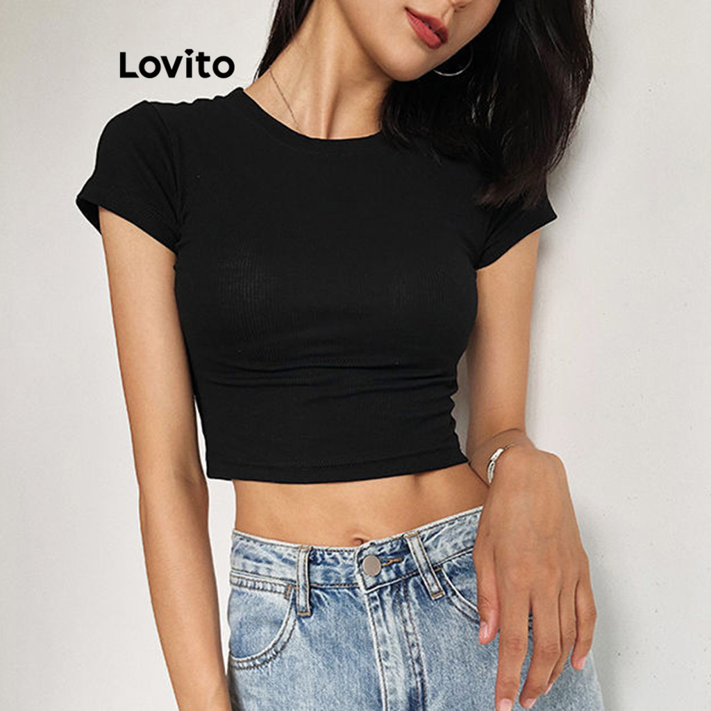 Áo thun Lovito trơn dệt kim sọc gân phong cách thường ngày cho nữ LNL54020