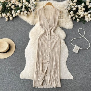 Mùa Hè Thời Trang Hàn Quốc Vintage Gợi Cảm Cổ Chữ V Không Tay Eo Cao Đầm Ôm Nữ Móc Hoa Đơn Ngực Chia Bể Top Đảng Váy Dài