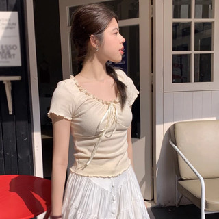 Áo thun nữ mùa hè tay ngắn Hàn Quốc màu trơn phong cách Pháp Áo Crop TopS