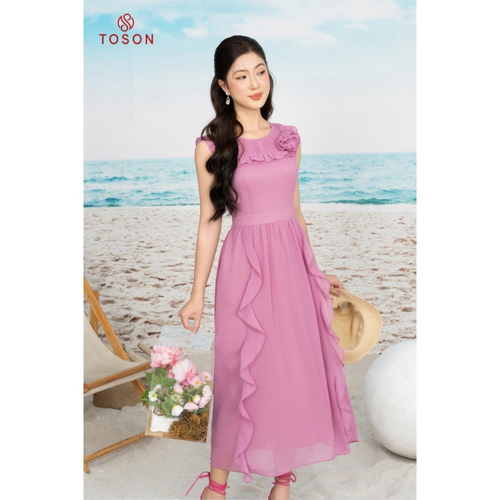 Đầm xòe chiffon hồng sát nách,cổ đính hoa 42065P14 - Toson