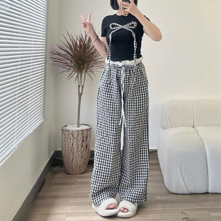 Quần Caro Ống Rộng PINKSTORE29 Lưng Chun Viền Bèo Q113