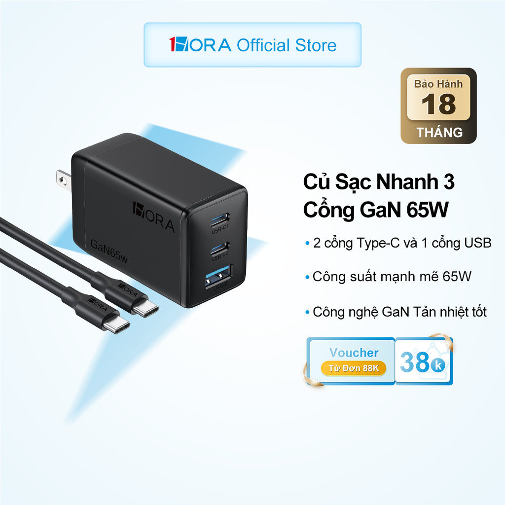 Củ Sạc GaN 65W Đầu Gập 1HORA - 3 Cổng Sạc (2 Type-C + 1 USB), Sạc Nhanh Đa Thiết Bị - Tương Thích Ma