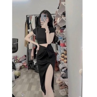 Đầm body tay ngắn hở eo xoắn bên xẻ tà cực sexy , chất thun gân mềm mịn mã 01
