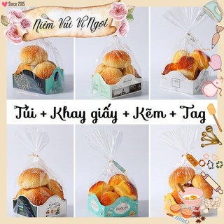 100 SET ~ Túi Nilon Kèm Khay Giấy & Kẽm Đựng Bánh Mì Ngọt, Bánh Quy ~ Đáy 12cm