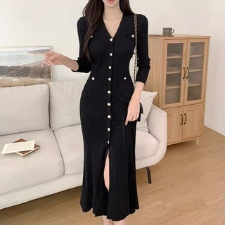Sang trọng Thu Đông Thanh Lịch Slim-fit Dệt Kim Mông Cổ Sang Trọng Hàn Quốc Một ngực Ôm Hơn Nhìn Đuôi Cá xẻ Cổ Chữ V IR