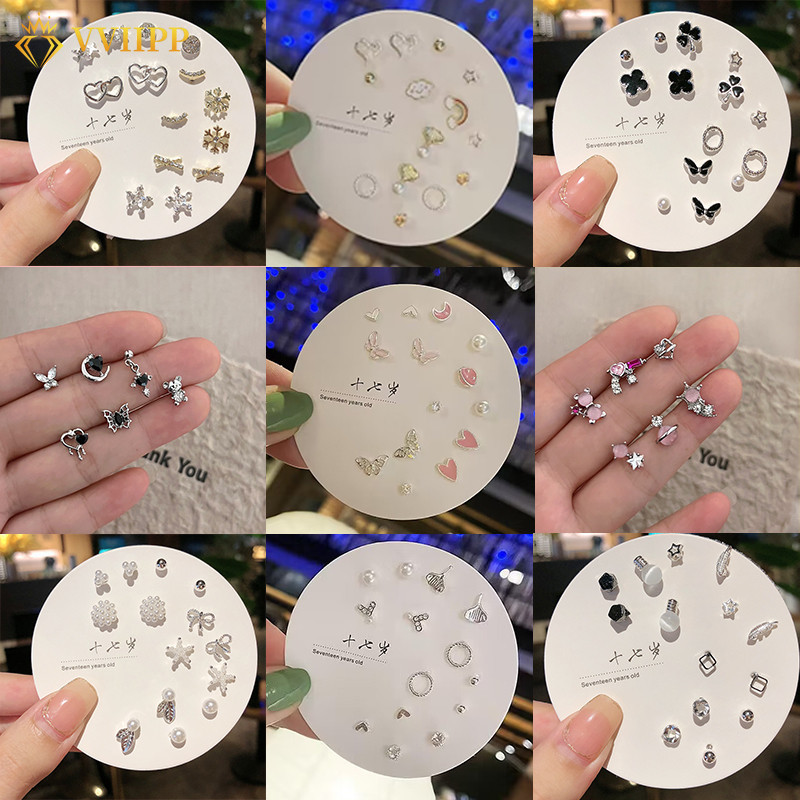 12 Cái / bộ Hồng Bướm Zircon Bông Tai Bộ Pha Lê Trái Tim Bông Tai Dành Cho Nữ Trang Sức Phụ Kiện