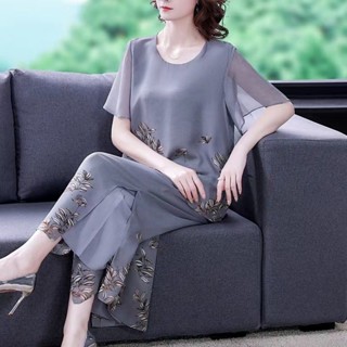 Đơn / Bộ Đồ Nữ Mẹ Trẻ Mặc Mùa Hè Trung Niên 40 Đến 50 Tuổi Áo Sơ Mi Voan Tay Ngắn Top Hai Mảnh Fema