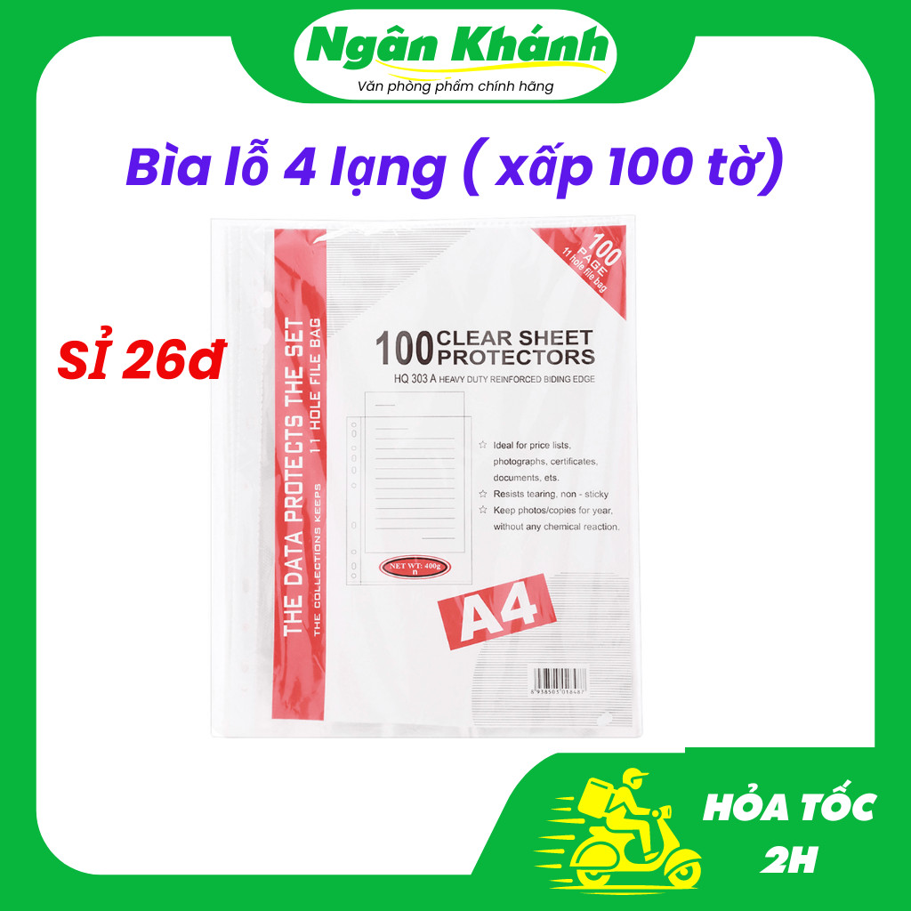 1 Xấp 100 tờ Bìa lỗ A4 (File lỗ) 4 lạng với mép viền bìa nhựa 11 lỗ trong suốt, bìa nilong đục 11 lỗ