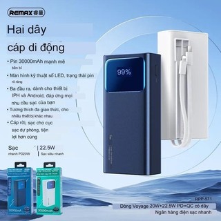 Cục sạc dự phòng Remax RPP 571 30000mAh PD QC3.0 22.5W và TypeC 20W, tích hợp 2 cáp sạc LCD cao cấp dòng 2024