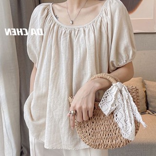 Nhật Bản Nhật Bản Hàn Quốc Vải Lanh Cotton Top Nữ Cổ Phẳng Rời Ôm Hơn Áo Thun Mùa Hè 2023 Phong Cách Mới Mỏng Phong Cách Puff Tay Ngắn Bao Da Thịt