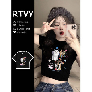 「RTVY」Áo thun ngắn tay bé gái cay ngọt ngào kiểu Mỹ in hình mèo mùa hè dành cho nữ Thương hiệu địa phương Áo ngắn