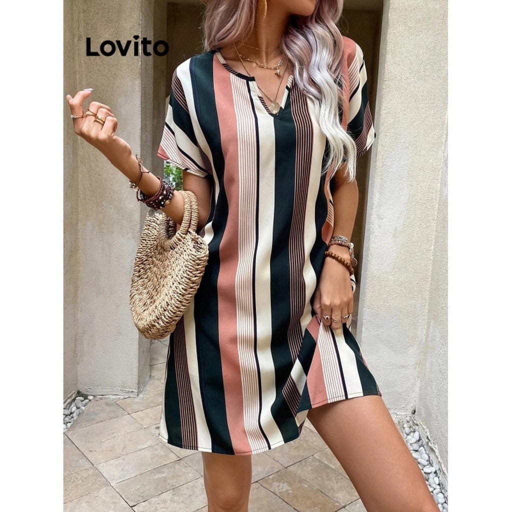 Đầm Lovito in họa tiết sọc phong cách thanh lịch cho nữ LNL48060