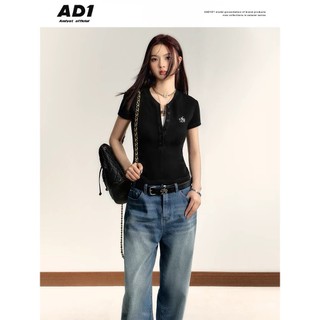 Xiaoma111ad1 Nguyên Bản Preppy Phong Cách Henry Cổ Áo Thun Nữ Cổ Chữ V Tay Ngắn Slim-Fit Hẹp-Waised Ôm Hơn Nhìn Đan Top I Ne