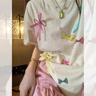2024 Super Plus Size Mới Ba Chiều Màu Nơ Ngắn Tay Áo Thun Nữ Phù Hợp Với