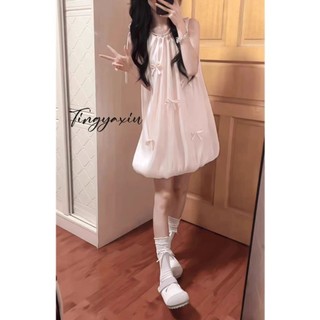 Tingyaxiu Váy nữ cao cấp dây rút buộc váy ngắn dáng rộng váy nụ hoa