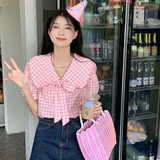 Áo Sơ Mi Bong Bóng Kẻ Sọc Búp Bê Mùa Hè Thiết Kế Mới Niche Pháp Ngọt Ngào Hàn Quốc Top