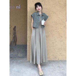 Bộ Váy Liền Áo Khoác Bò Dáng Ngắn Ngang Vai Tôn Dáng Kiểu Tây Hơi Mập Sành Điệu Kiểu Hồng Kông Mẫu Mới Mùa Hè