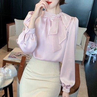 Áo Sơ Mi Nơ Pháp Nơ Nữ Tính Khí Cao Cấp Bóng Nhỏ Áo Sơ Mi Mùa Xuân Thu Voan Dài Tay Top