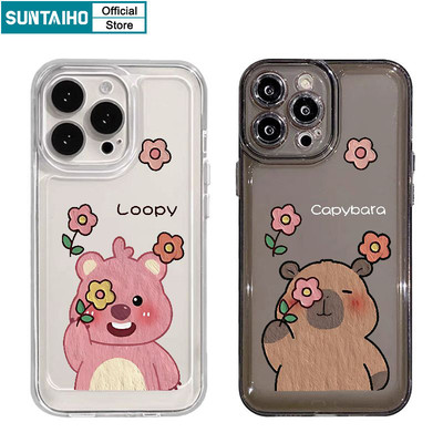 Suntaiho Ốp lưng Iphone Hàn quốc Đẹp trong suốt in hình Thẩm Mỹ Dễ Thương Vỏ Hoa Capybara Cặp Đôi Họa Tiết Ốp Điện Thoại TPU Mềm Cao Cấp Chống Sốc Cho Iphone 15 14 12 13 11 Pro Max IP 7 8 Plus Iphon X Xs XR Xs Max Ốp Lưng