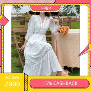 Hàng nhập - Đầm dáng xòe maxi xô ren trắng tay dài, váy Quảng Châu cổ V nút bọc phong cách tiểu thư HÀNG ĐẸP GIÁ TỐT